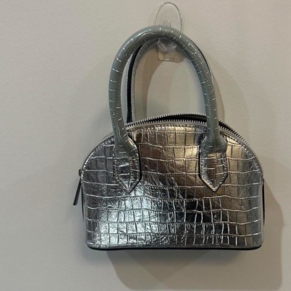Forever 21 Silver Metallic Croc Embossed Mini Dome Satchel Handbag Bag